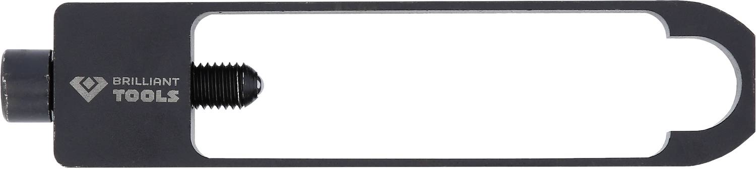 Mały szary metalowy przyrząd z napisem 'Brilliant Tools', składający się z ramy w kształcie litery U i regulowanego sworznia.