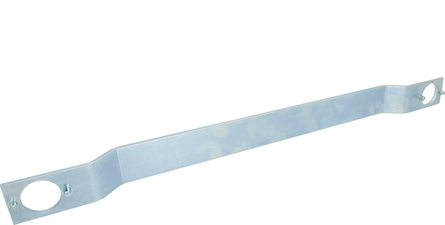 Metalowa szyna z dwoma okrągłymi wycięciami, po jednym na każdym końcu. Powierzchnia jest błyszcząca i odbija światło.