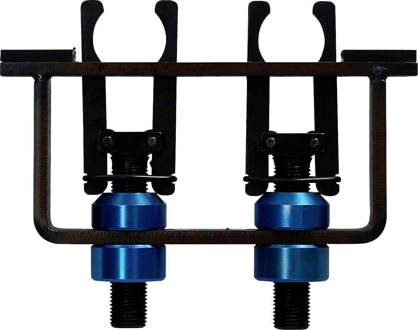 Metalowe narzędzie z dwoma niebieskimi połączeniami śrubowymi i czarną ramą, używane do mocowania lub regulacji.
