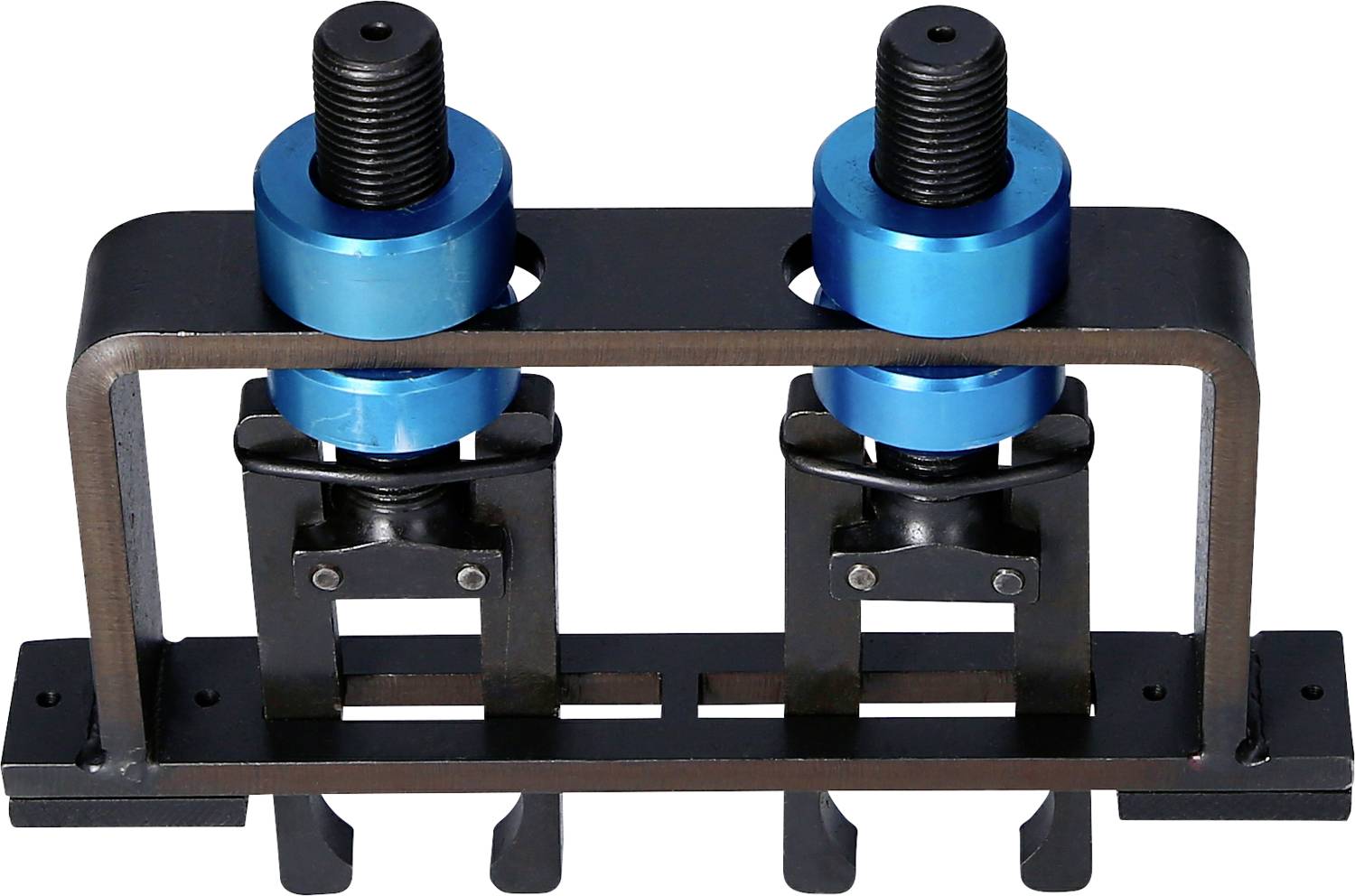 Metalowe narzędzie z dwoma niebieskimi śrubami gwintowanymi i uchwytami, prawdopodobnie służące do podnoszenia lub mocowania elementów w maszynach.