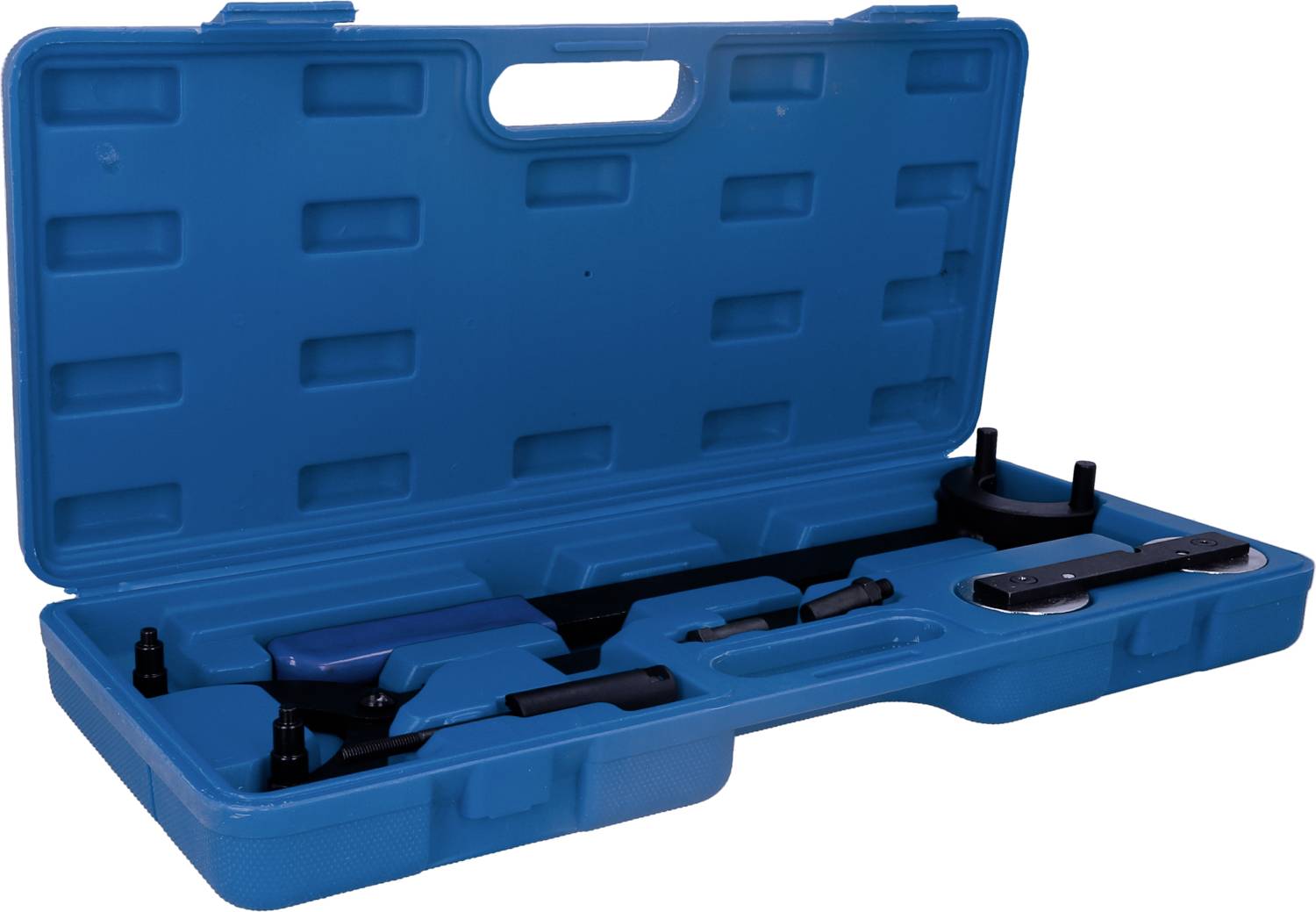 Niebieski kufer narzędziowy z różnymi narzędziami, w tym młotkiem i śrubokrętem, ułożonymi w przegródkach.