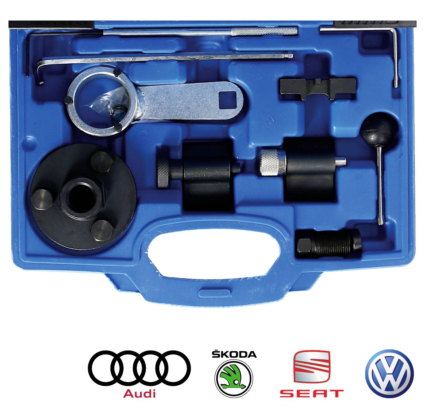 Specjalistyczny zestaw narzędzi samochodowych w niebieskiej walizce, odpowiedni dla marek Audi, Škoda, SEAT, Volkswagen, z logo marek przedstawionymi poniżej.