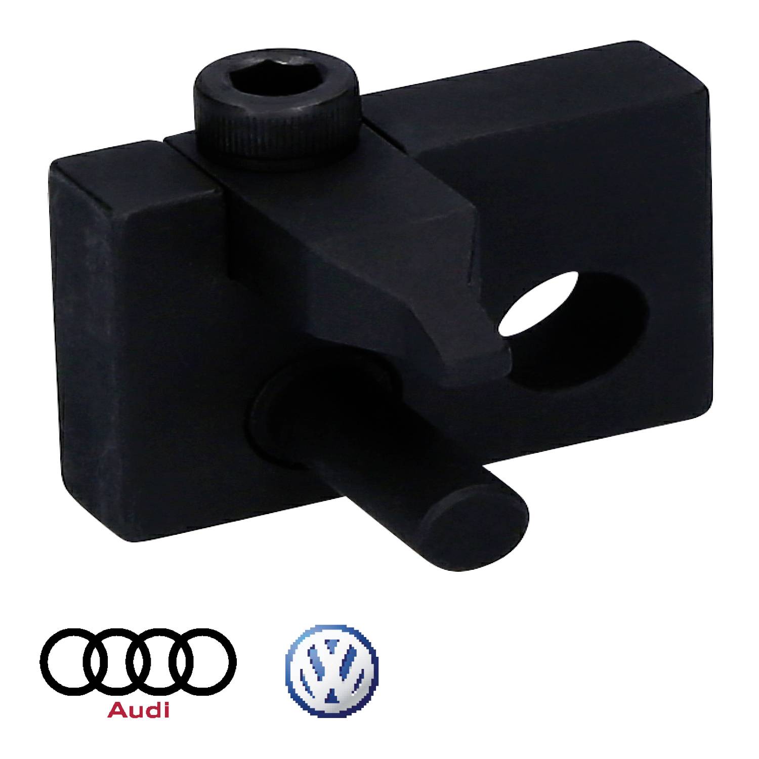 Czarna, prostokątna część samochodowa z małym zaczepem i rowkowaną śrubą. Logotypy Audi i Volkswagena w lewym dolnym rogu.