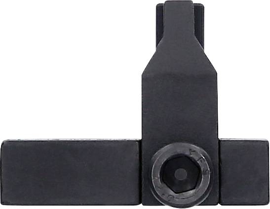 Prostokątny, czarny obiekt z elementami pionowymi i poziomymi; komponent techniczny lub narzędzie, widoczna centralna śruba.