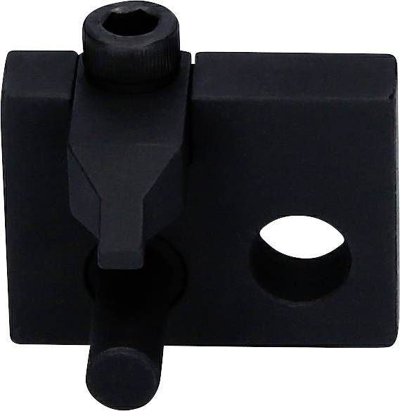 Metalowy element z dwoma okrągłymi otworami i regulowaną dźwignią. Prawdopodobnie służy do mocowania lub precyzyjnego ustawienia elementów mechanicznych.