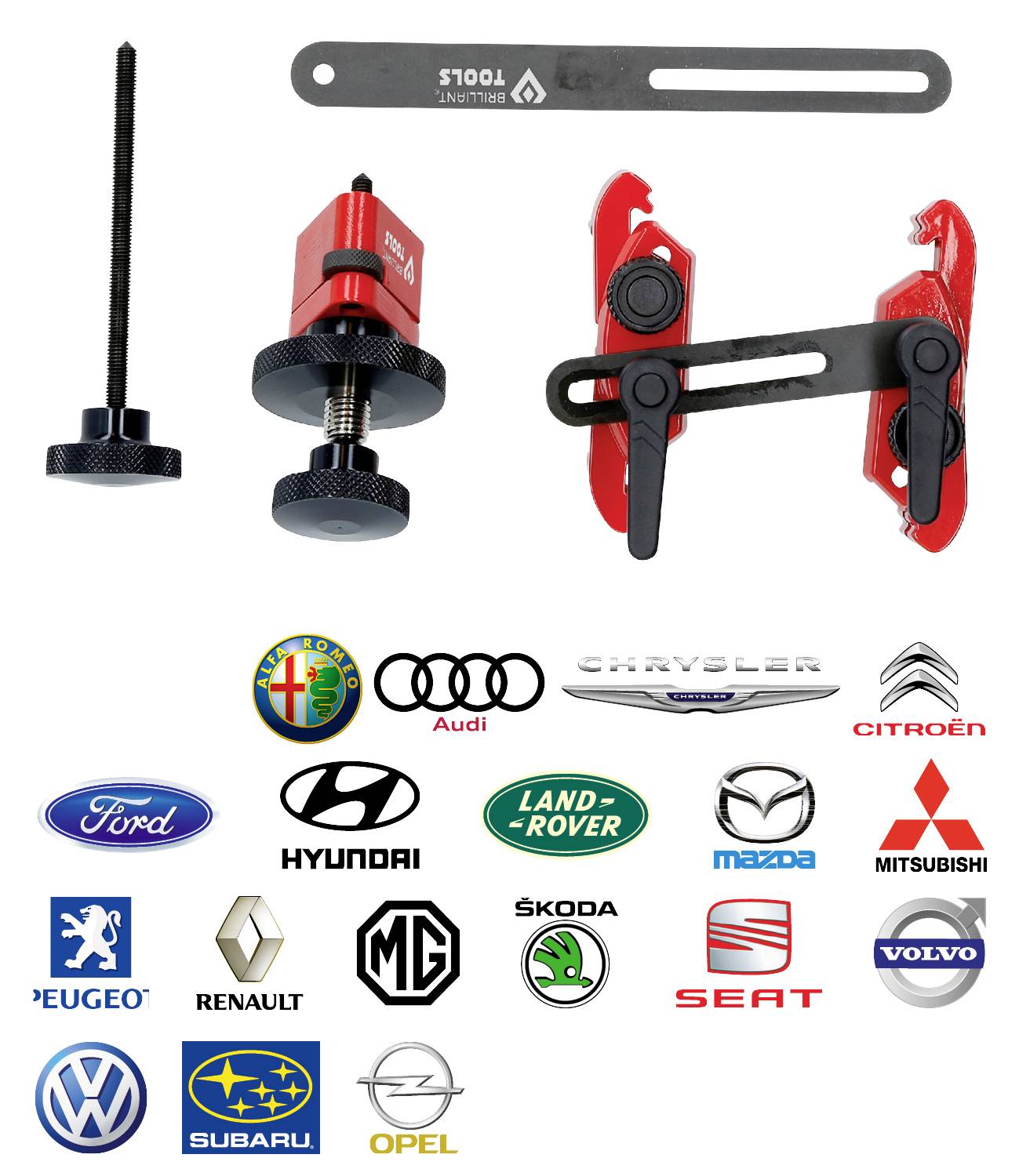 Zestaw do cofania zacisku hamulcowego do różnych producentów samochodów. Zawiera narzędzie do śruby, adapter i płytę bazową. Kompatybilny z logoami marek poniżej.