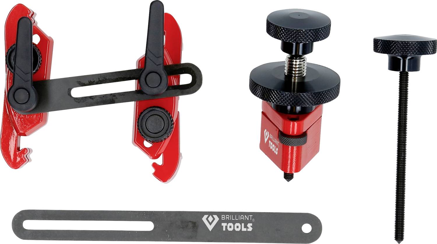 Zestaw narzędzi składający się z czerwonego narzędzia zaworowego, czarnej miarki, adaptera do wkrętów oraz akcesoriów montażowych.