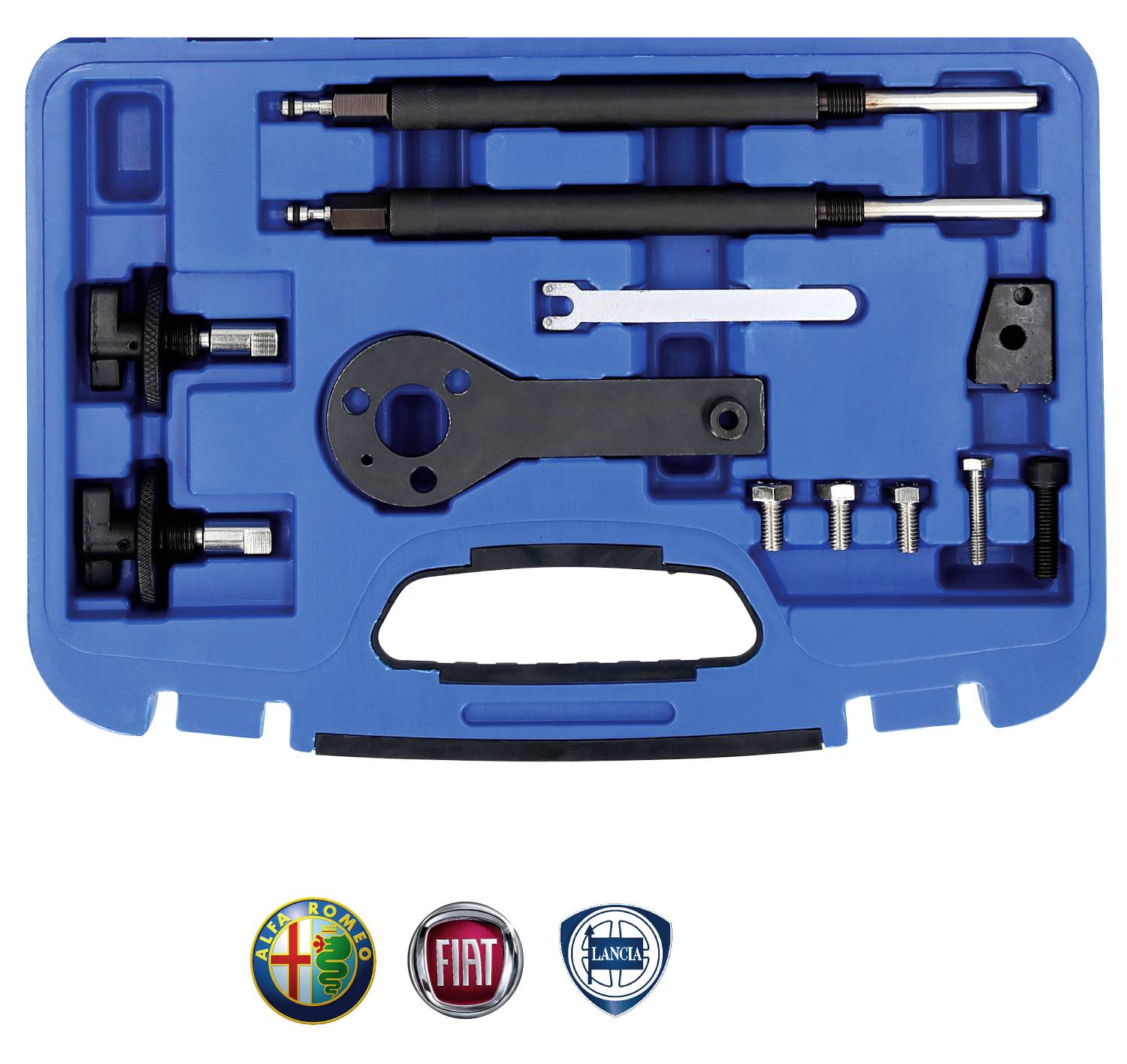 Niebieski kufer narzędziowy z narzędziami specjalistycznymi do samochodów, w tym prętami, kluczami i śrubami. Poniżej widoczne logo marek Alfa Romeo, Fiat i Lancia.