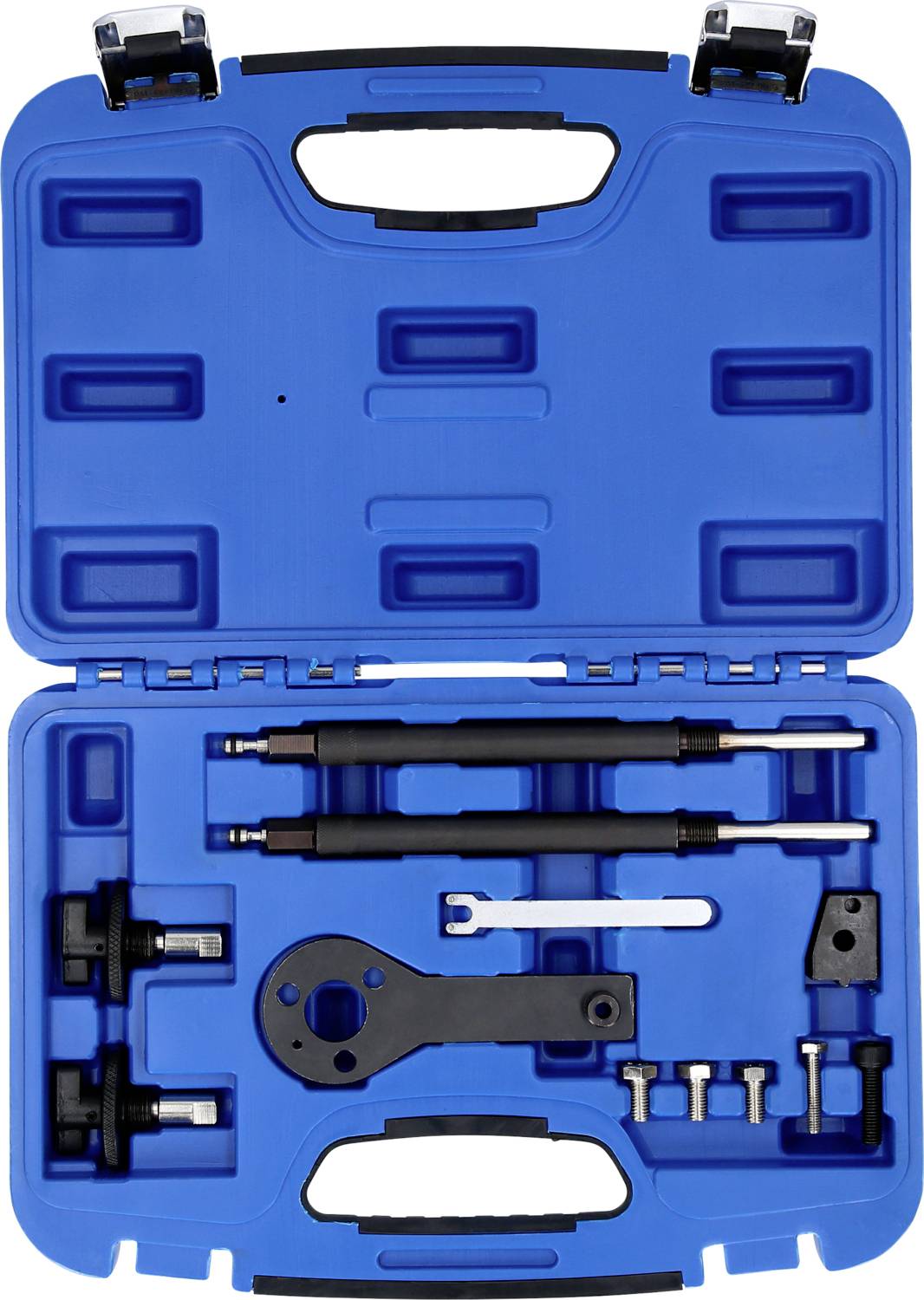 Otwarty niebieski kufer na narzędzia z różnymi wyspecjalizowanymi narzędziami, prawdopodobnie przeznaczony do prac technicznych lub mechanicznych.