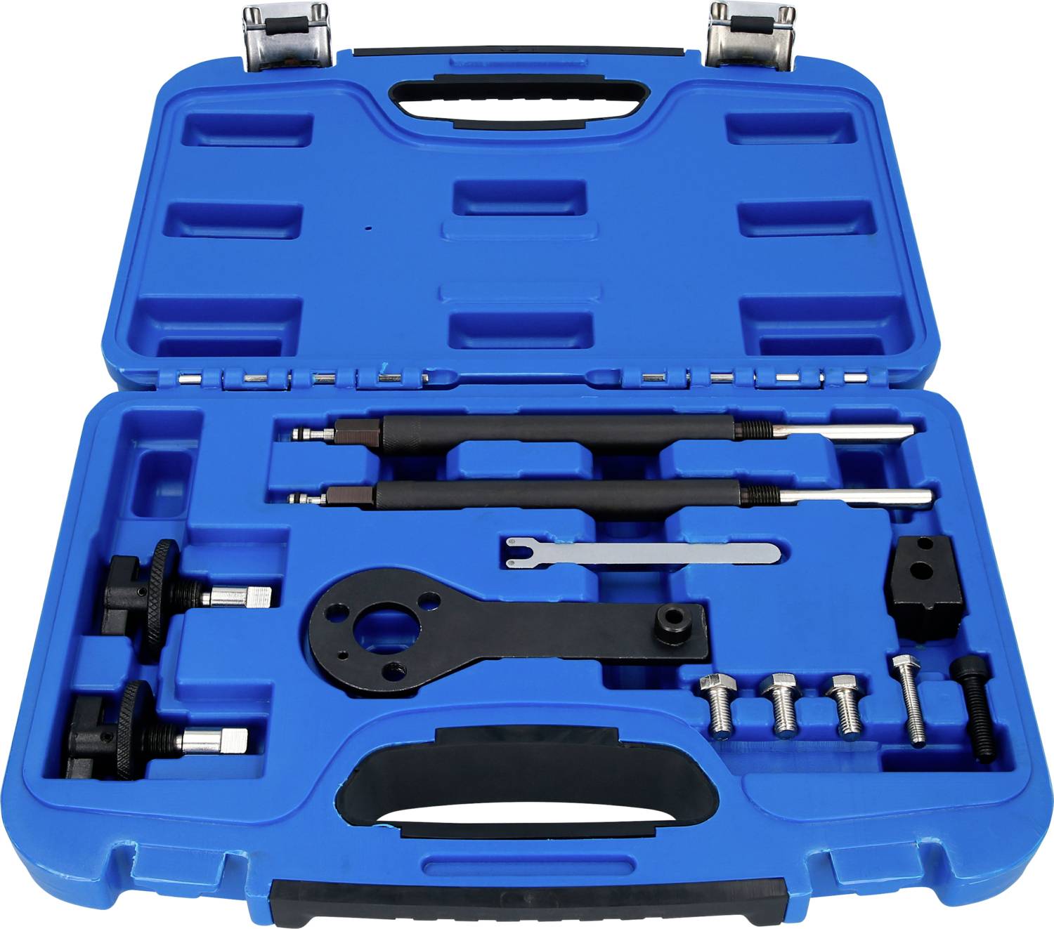 Niebieski kufer narzędziowy ze specjalistycznymi narzędziami samochodowymi, śrubami i uchwytami, ułożonymi w sposób przygotowany do obsługi i naprawy silnika.