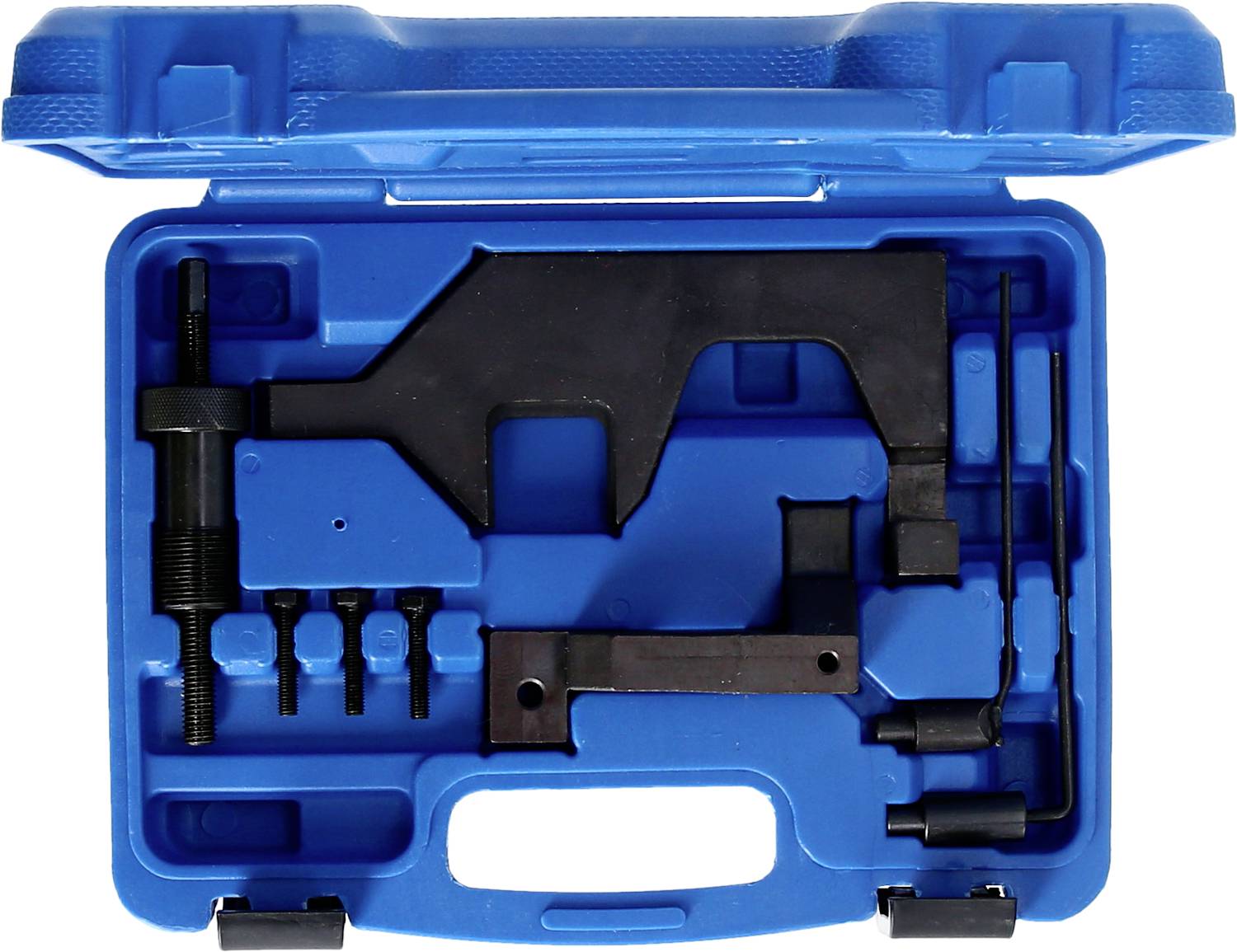 Niebieski skrzynka narzędziowa z wieloma metalowymi narzędziami, w tym kluczami i narzędziami do wkrętów, ułożonymi w dokładnie dopasowanych przegródkach.