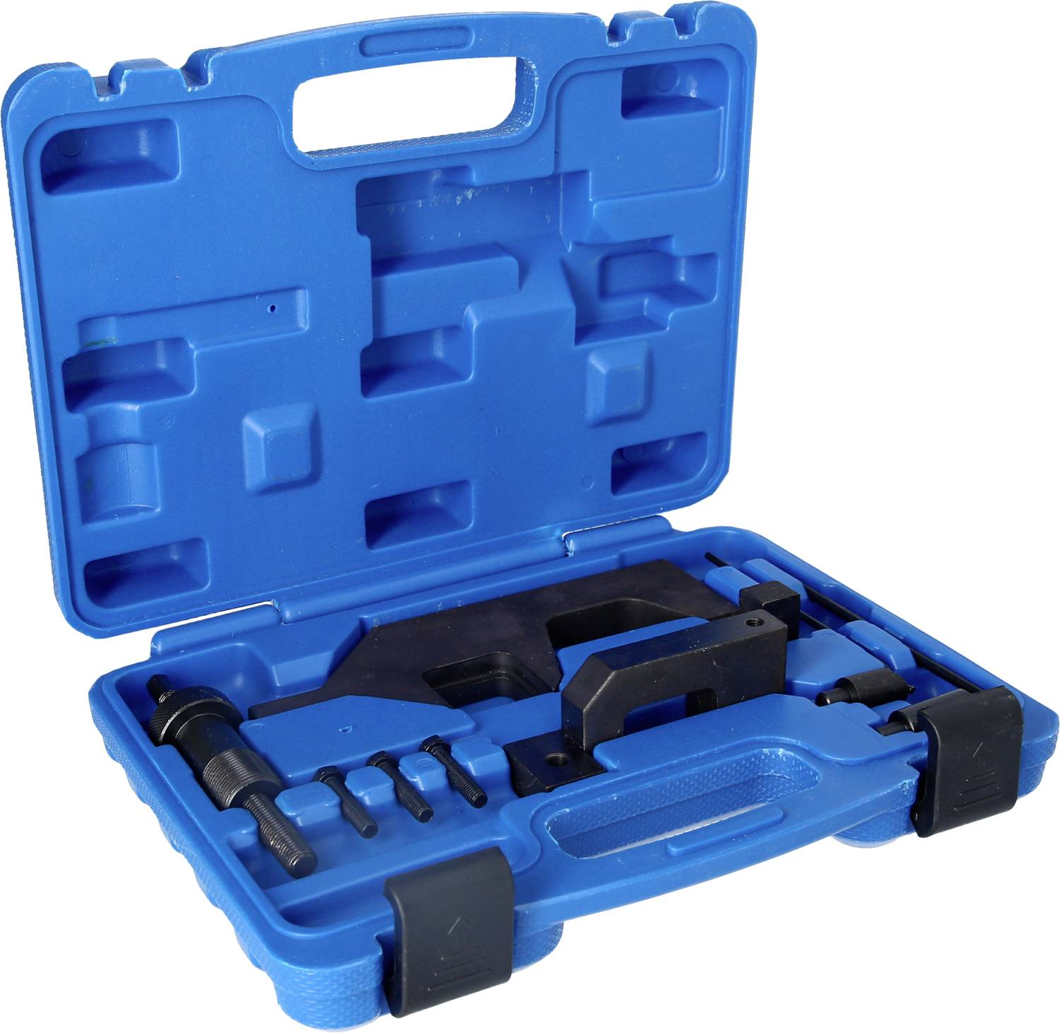 Niebieska plastikowa skrzynka narzędziowa z różnymi wyprofilowanymi przegródkami i zawartym zestawem narzędzi.