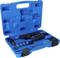 Niebieska plastikowa skrzynka narzędziowa z różnymi wyprofilowanymi przegródkami i zawartym zestawem narzędzi.