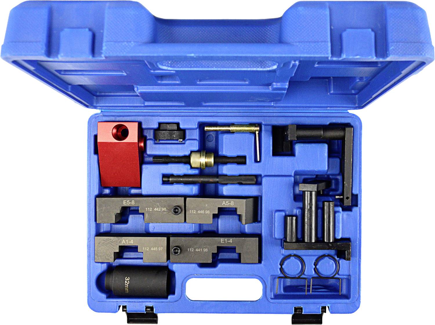 Niebieski otwarty kufer narzędziowy z różnymi narzędziami specjalistycznymi, w tym czerwonymi i czarnymi elementami oraz kawałkami metalu, ułożonymi w przegródkach.