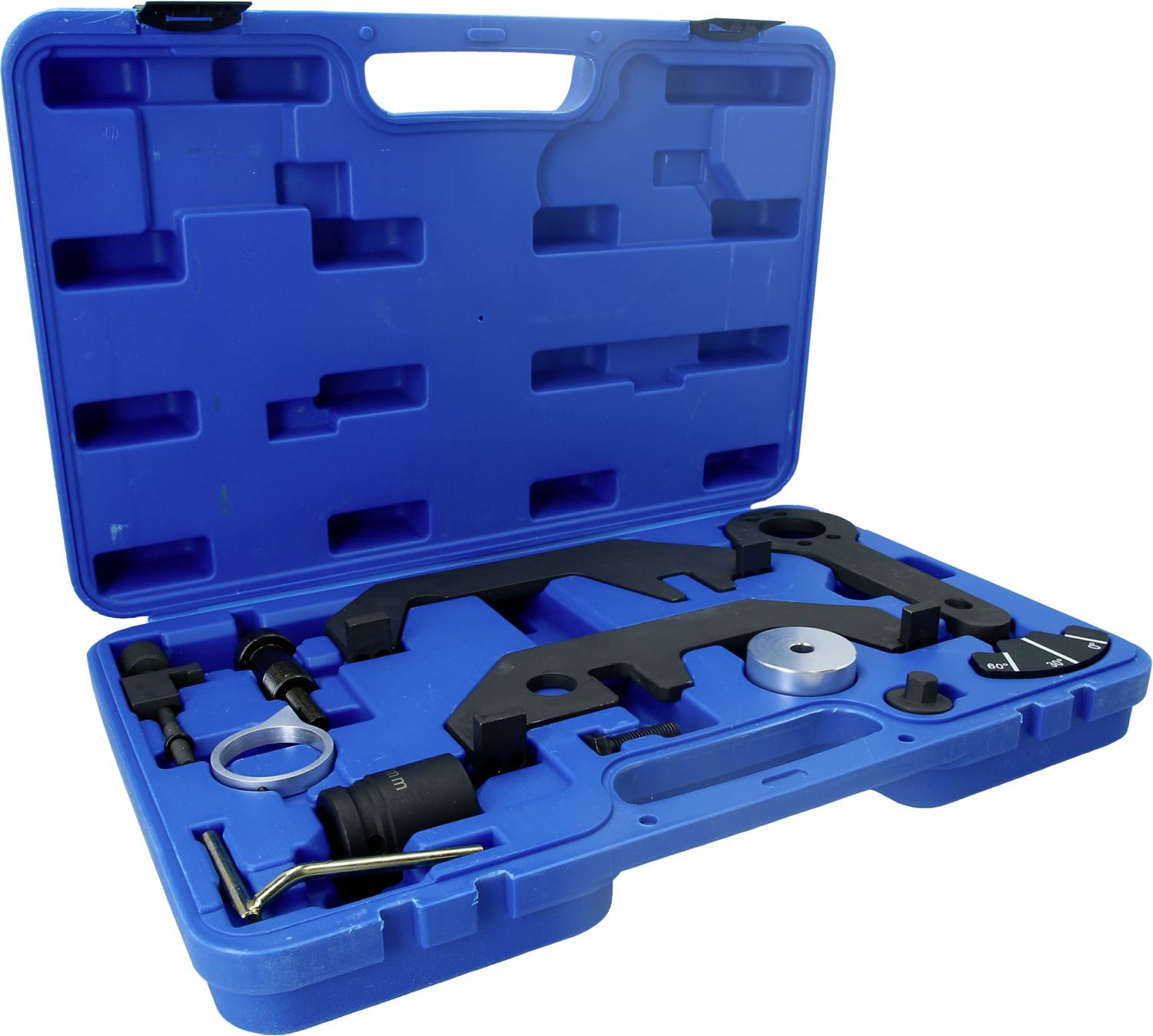 Niebieski kufer narzędziowy z różnymi czarnymi narzędziami metalowymi i srebrnym pierścieniem, specjalnie ukształtowanym do określonych zastosowań.