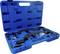 Niebieski kufer narzędziowy z różnymi czarnymi narzędziami metalowymi i srebrnym pierścieniem, specjalnie ukształtowanym do określonych zastosowań.