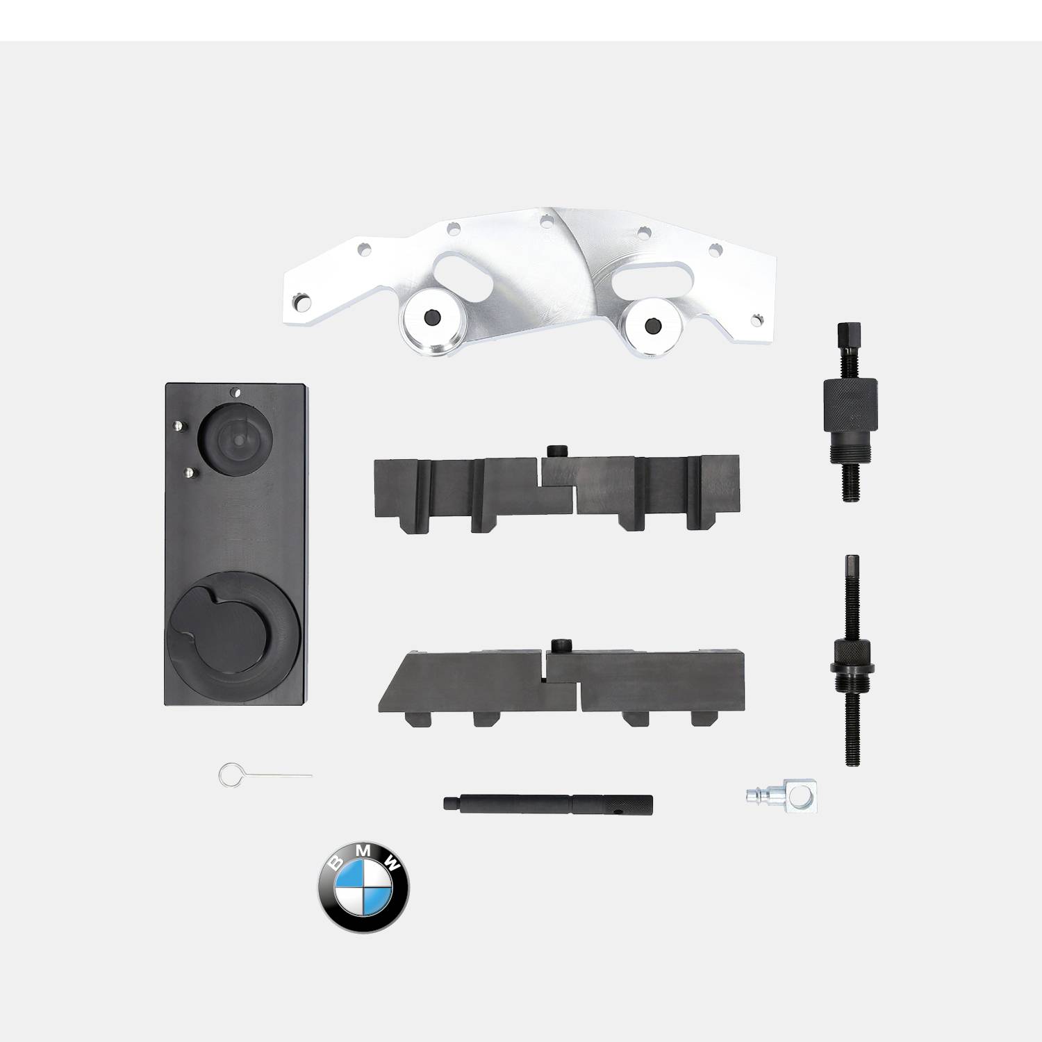 Zestaw narzędzi do sterowania silnikiem BMW do demontażu i regulacji. Zawiera wyspecjalizowane narzędzia do precyzyjnych prac serwisowych.