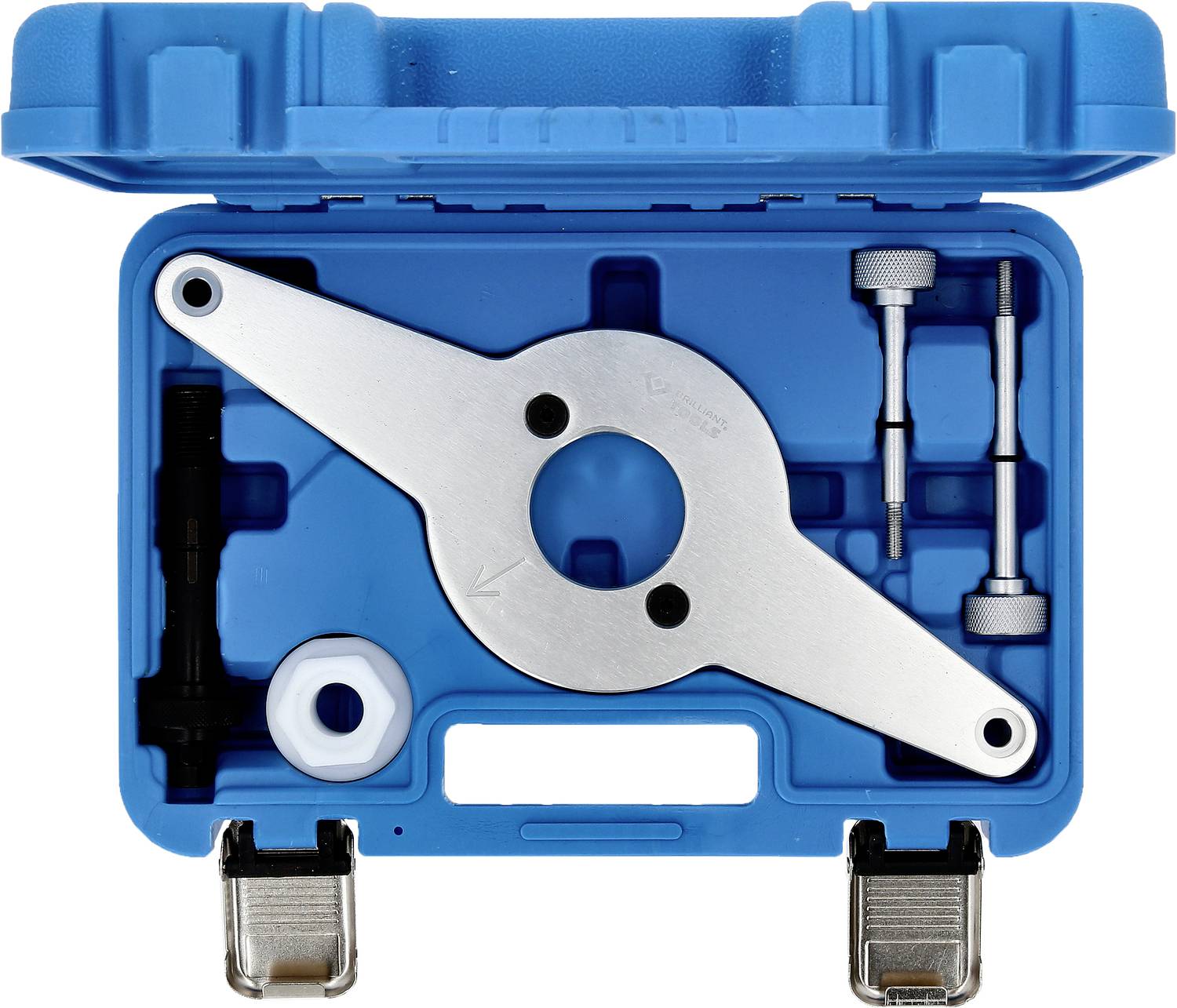 Niebieski kufer narzędziowy z narzędziami specjalistycznymi do ustawiania i mocowania części silnikowych podczas naprawy lub konserwacji.