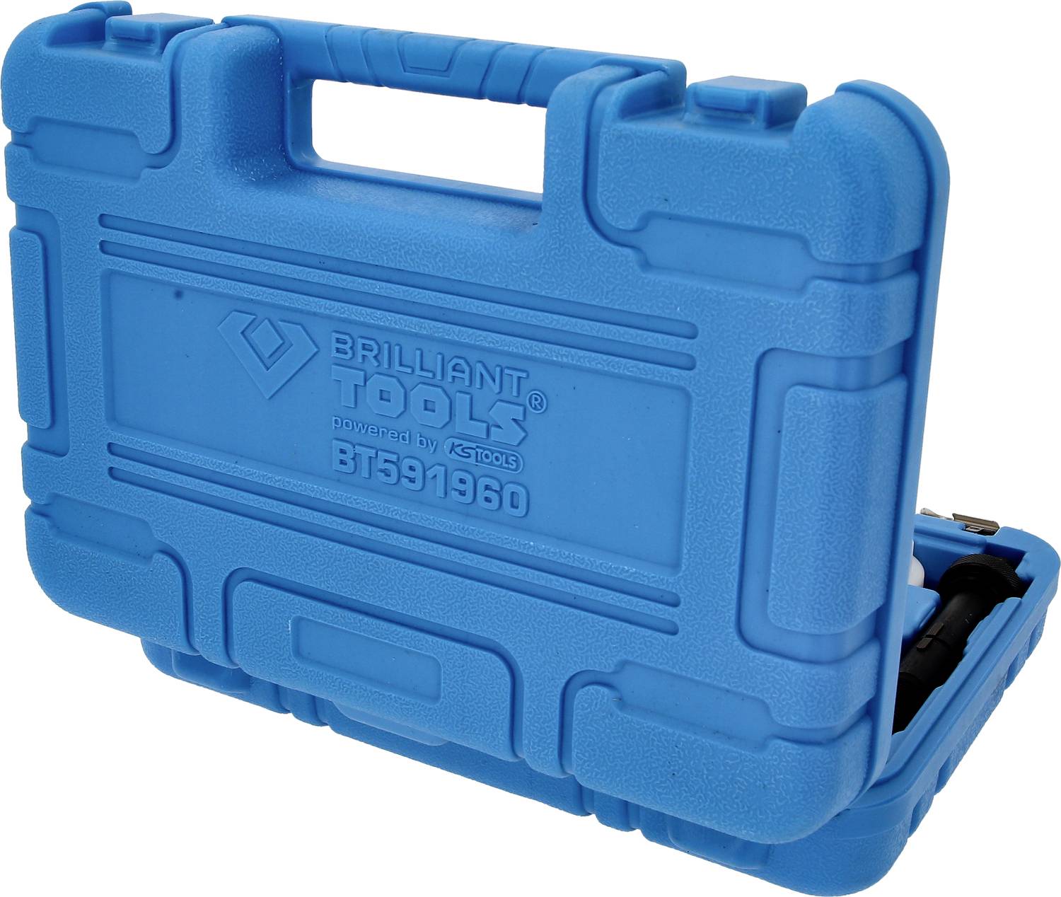 Niebieski plastikowy kufer z napisem 'Brilliant Tools BT591960'. Wewnątrz widoczne są niektóre narzędzia.