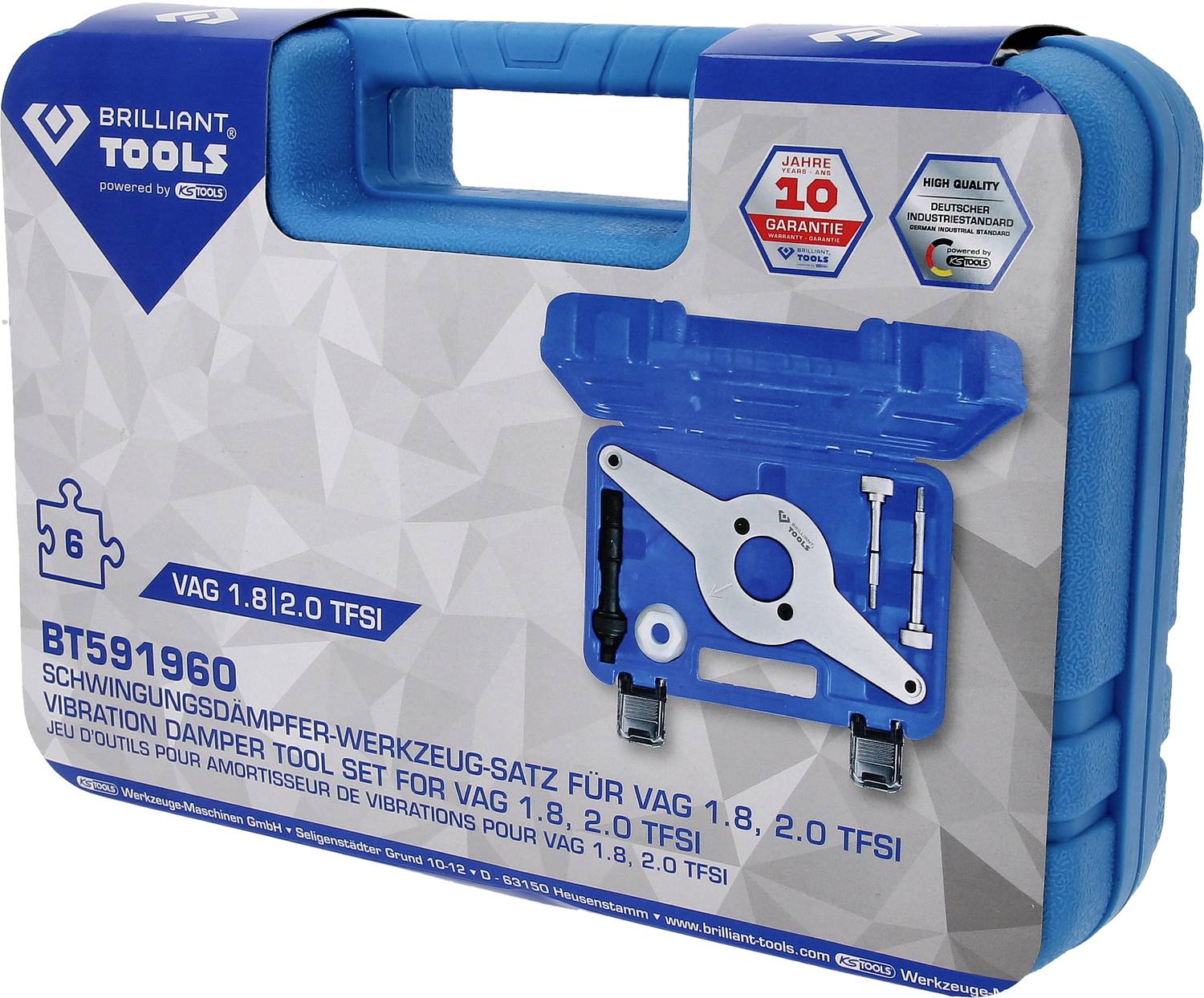 'Niebieski zestaw narzędzi firmy Brilliant Tools do tłumienia drgań w silnikach VAG 1.8, 2.0 TFSI. Zawiera narzędzia i naklejkę gwarancyjną.'