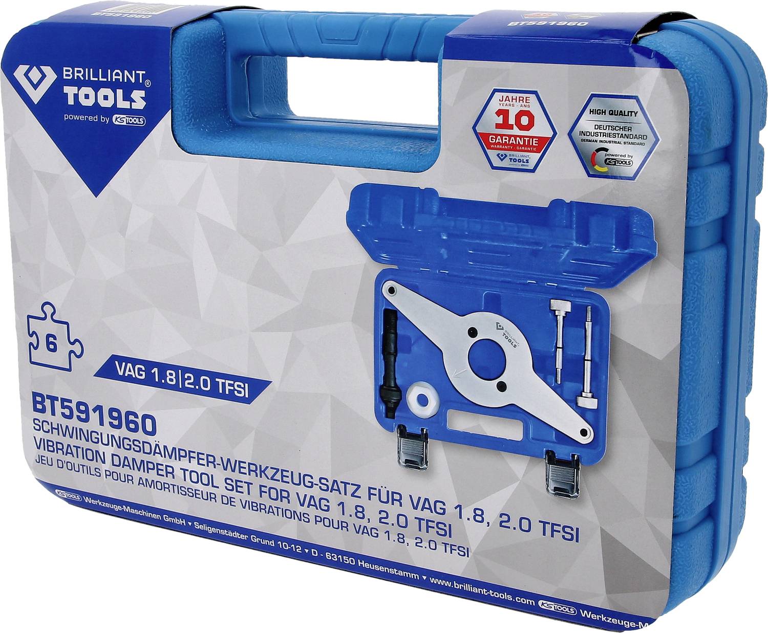 Niebieski kufer z narzędziami wewnątrz, oznaczony jako zestaw narzędzi do amortyzatorów, kompatybilny z silnikami VAG 1.8, 2.0 TFSI.