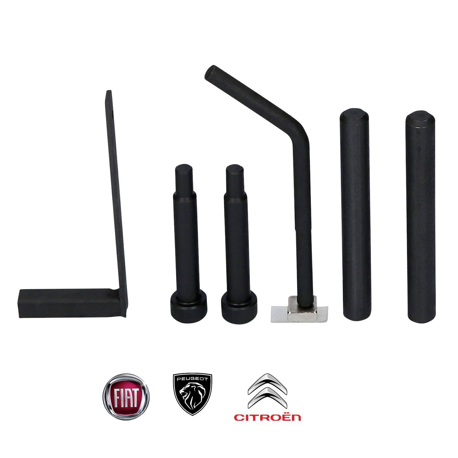 Zestaw narzędziowy składający się z metalowych części o różnych kształtach, w tym prętów i kątownika. Poniżej przedstawiono logo Fiata, Peugeota i Citroëna.