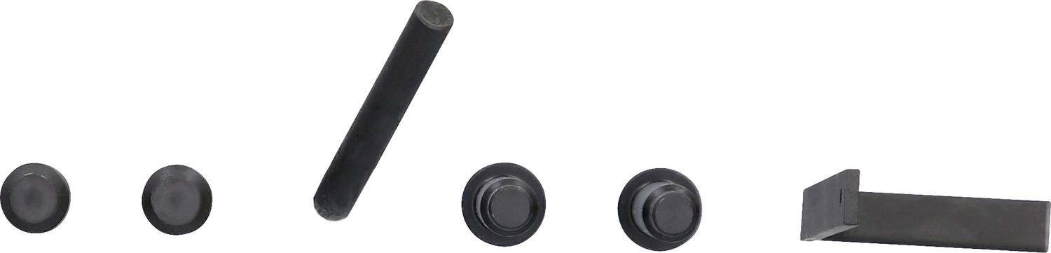 Pięć czarnych prostokątnych obiektów ułożonych w linii, różniących się rozmiarem i kształtem, na białym tle.