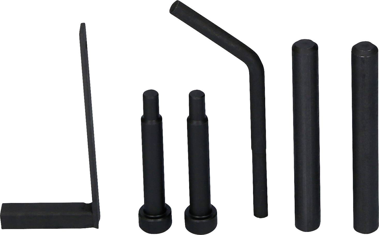 Czarne metalowe narzędzia na białym tle, w tym haki, klucz kątowy i dwa sworznie.