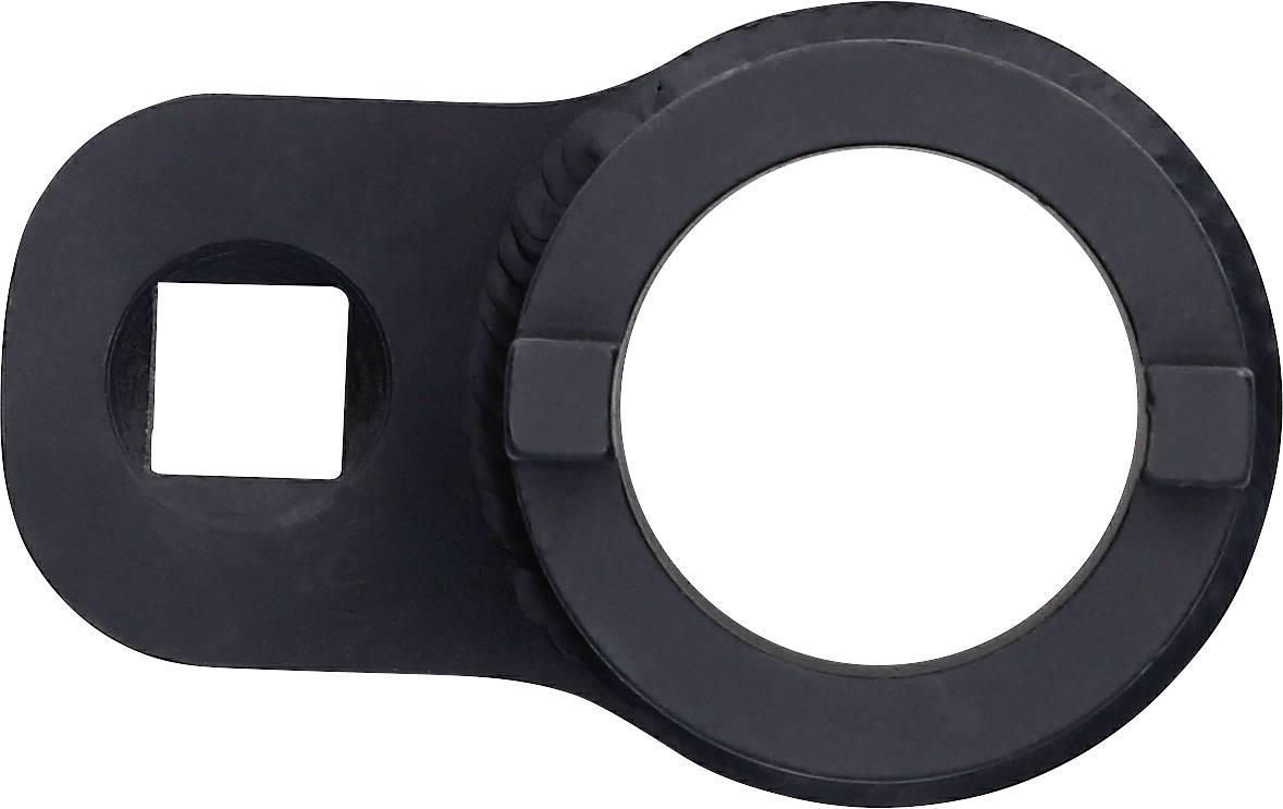 Metalowe narzędzie kluczowe z owalnym uchwytem. Po lewej stronie kwadratowy otwór, po prawej okrągły element w kształcie koła zębatego.