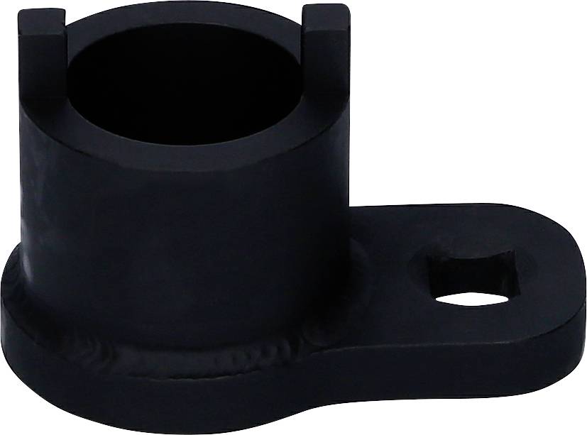 Czarny cylindryczny metalowy uchwyt z dwoma bolcami bocznymi i prostokątną podstawą, prawdopodobnie element mechaniczny.