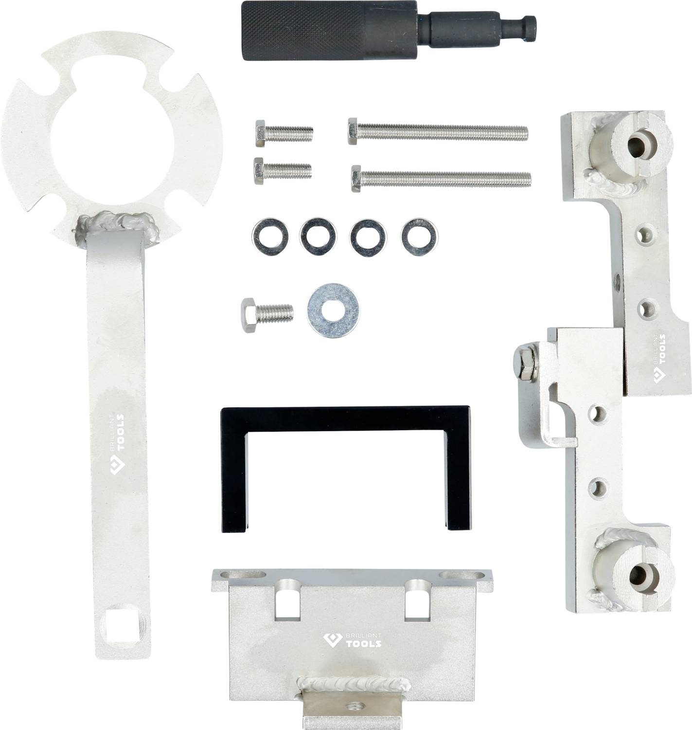 Zestaw specjalistycznych narzędzi do regulacji silnika, składający się z uchwytów, sworzni i śrub, ułożonych na białej powierzchni.