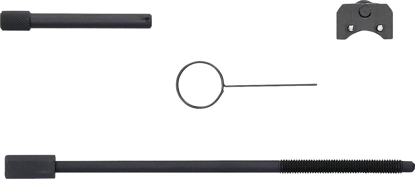 Zestaw czterech czarnych metalowych narzędzi: dwie pręty, jeden pręt okrągły i element z dwoma otworami gwintowanymi.