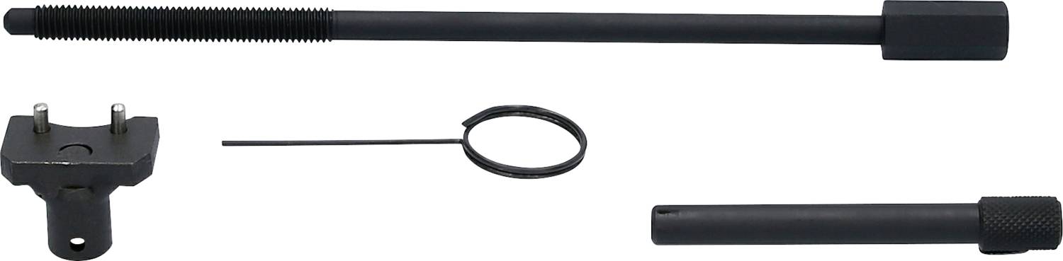 Zestaw czterech mechanicznych narzędzi, w tym klucz, pióro, pierścień i pręt, na białym tle.