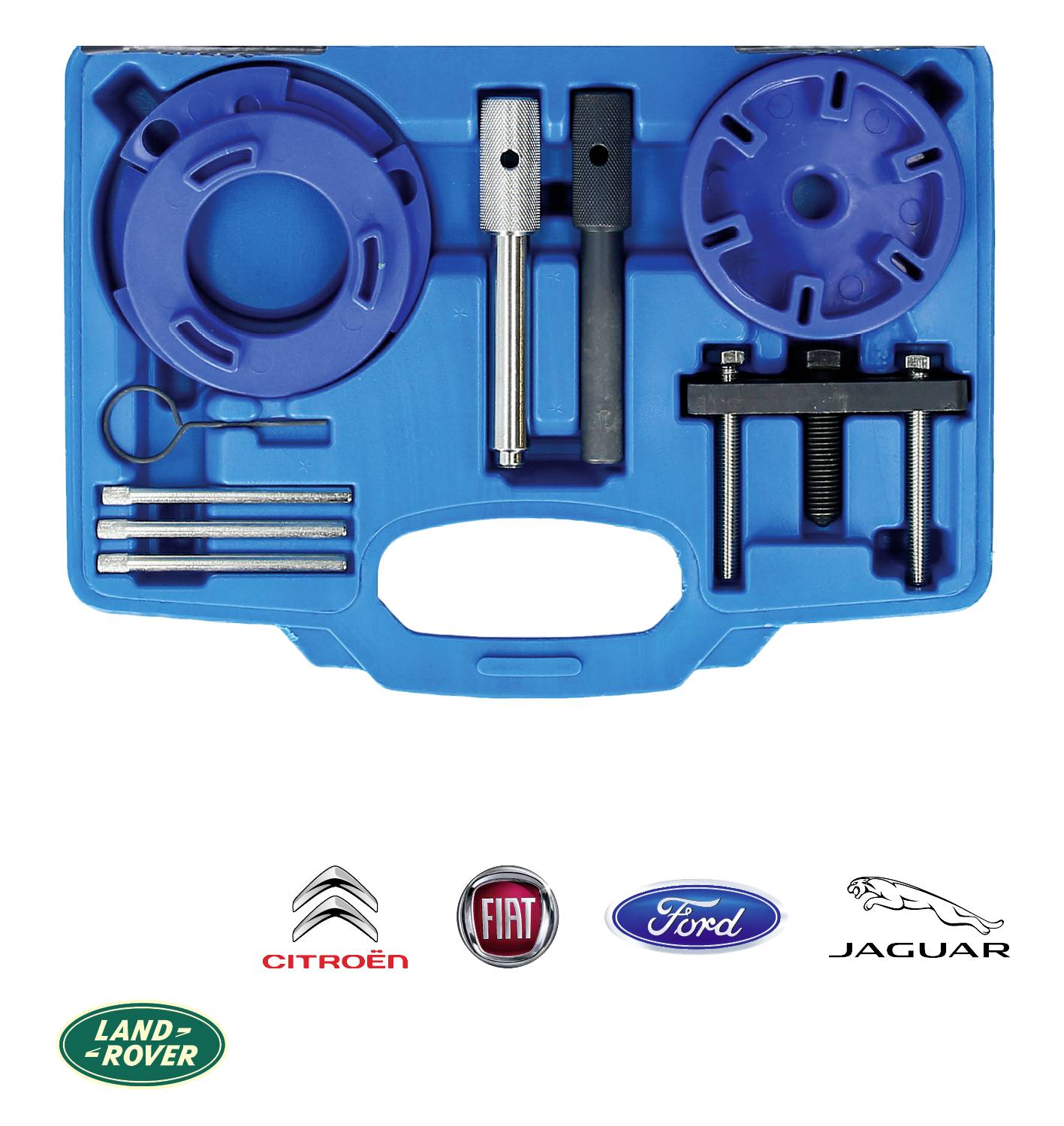 Niebieska skrzynka narzędziowa z różnymi narzędziami naprawczymi. Poniżej ilustracje marek samochodowych: Land Rover, Citroën, Fiat, Ford i Jaguar.