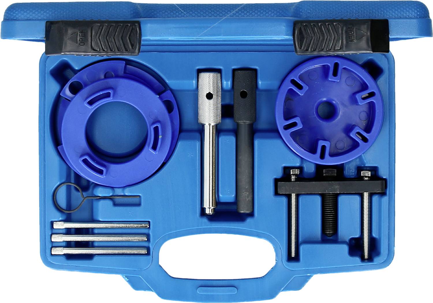 Niebieski kufer narzędziowy z różnymi elementami metalowymi, w tym końcówkami, piórami i śrubokrętem, przeznaczony do specjalistycznych prac montażowych.