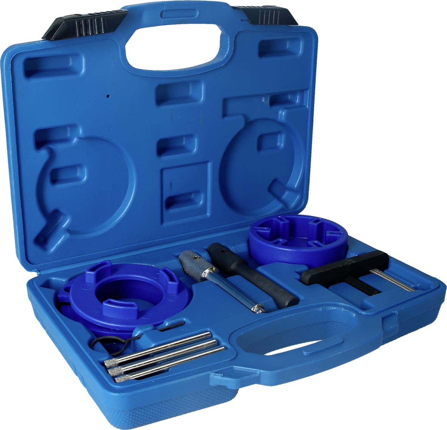 Niebieski zestaw narzędziowy z różnymi narzędziami, w tym śrubokrętami i adapterami. Idealny do specjalistycznych napraw.