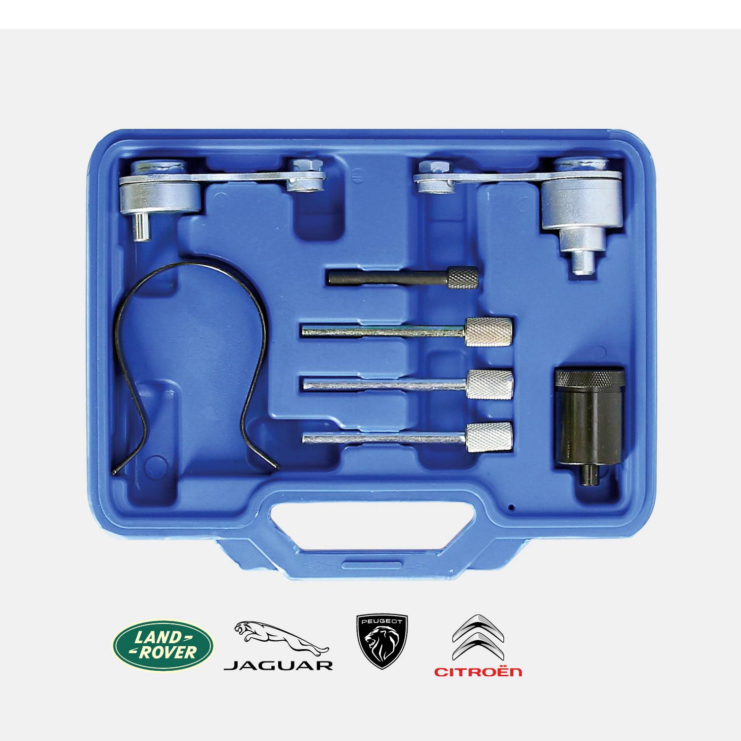 Niebieski zestaw narzędzi do sterowania silnikiem i wałka rozrządu, kompatybilny z Land Roverem, Jaguarem, Peugeotem i Citroënem, składający się z sześciu elementów.