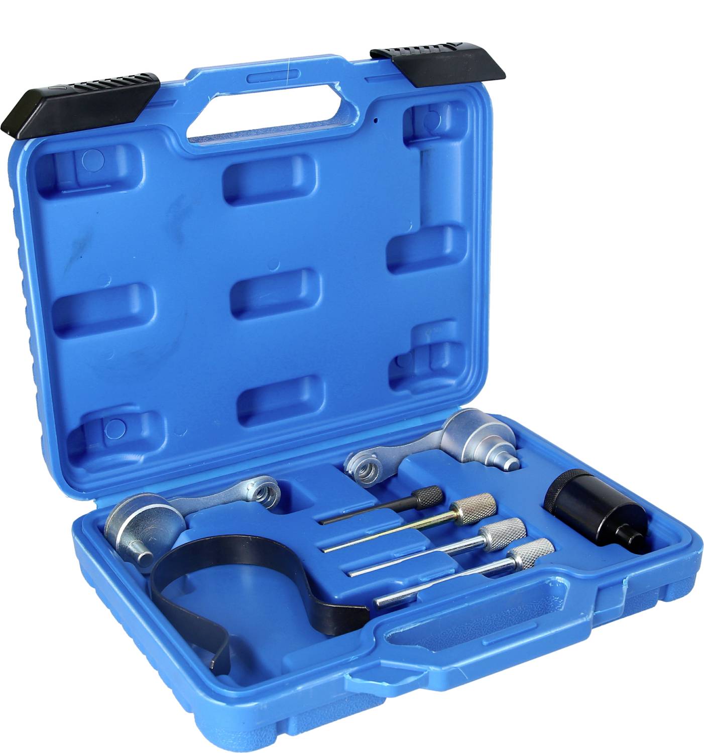 Niebieski kufer narzędziowy z różnymi narzędziami, w tym wiertłami i końcówkami wkrętakowymi. Odpowiedni dla majsterkowiczów.