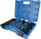 Otwarty niebieski plastikowy kufer zawierający różne czarne wkładki narzędziowe, przeznaczone do konkretnych zastosowań mechanicznych.