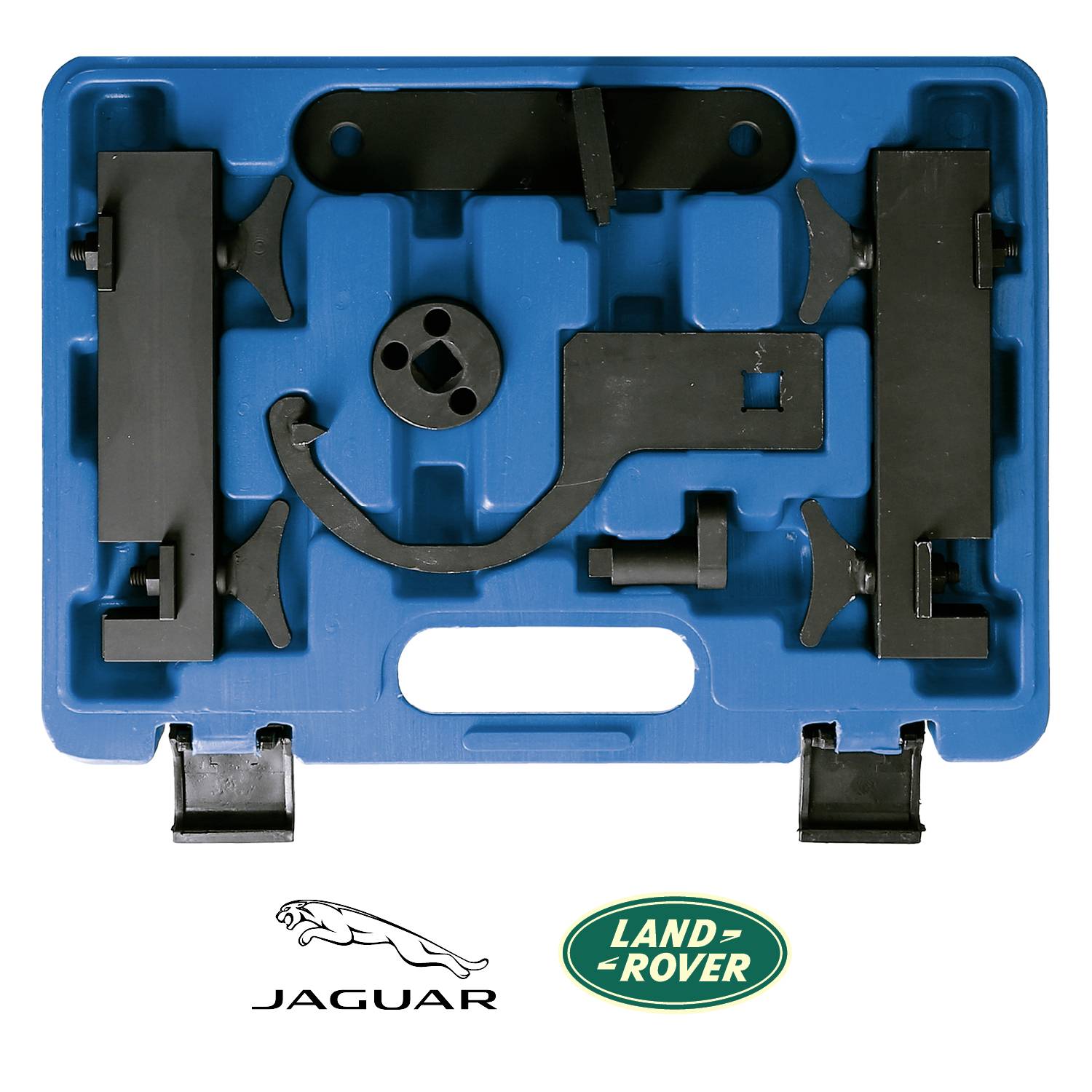 Zestaw narzędzi z czarnymi częściami samochodowymi w niebieskim plastikowym pudełku, logo Jaguara i Land Rovera na dole.