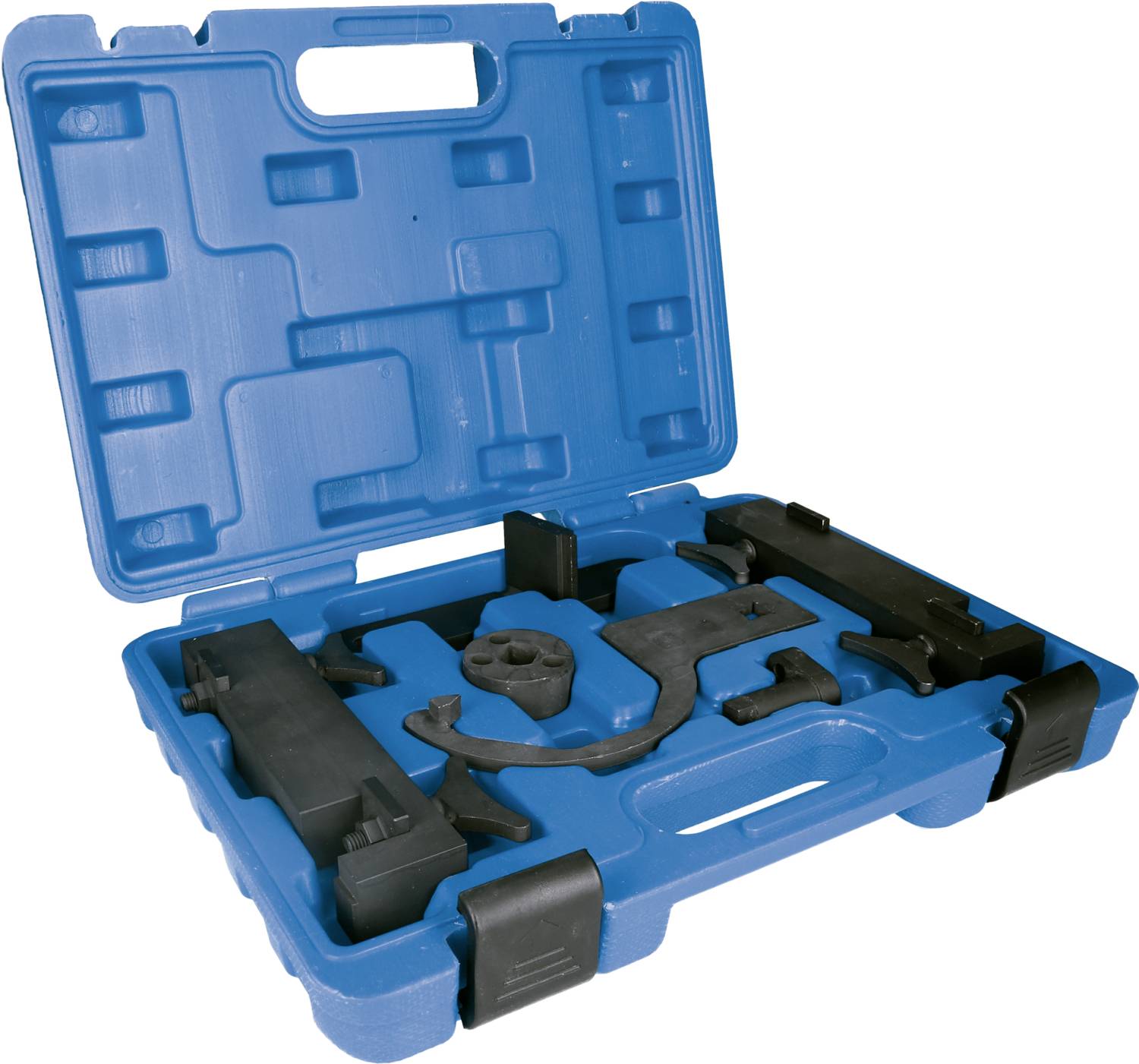 Niebieski kufer narzędziowy z czarnymi elementami z tworzywa sztucznego, specjalnie ukształtowanymi, aby bezpiecznie przechowywać zawartość.