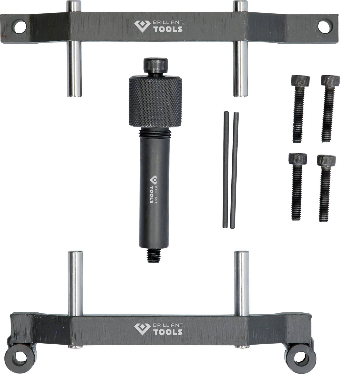 Zestaw narzędzi do regulacji silnika składający się z różnych elementów, w tym śrub i śrub mocujących, przeznaczony do kalibracji części silnikowych.