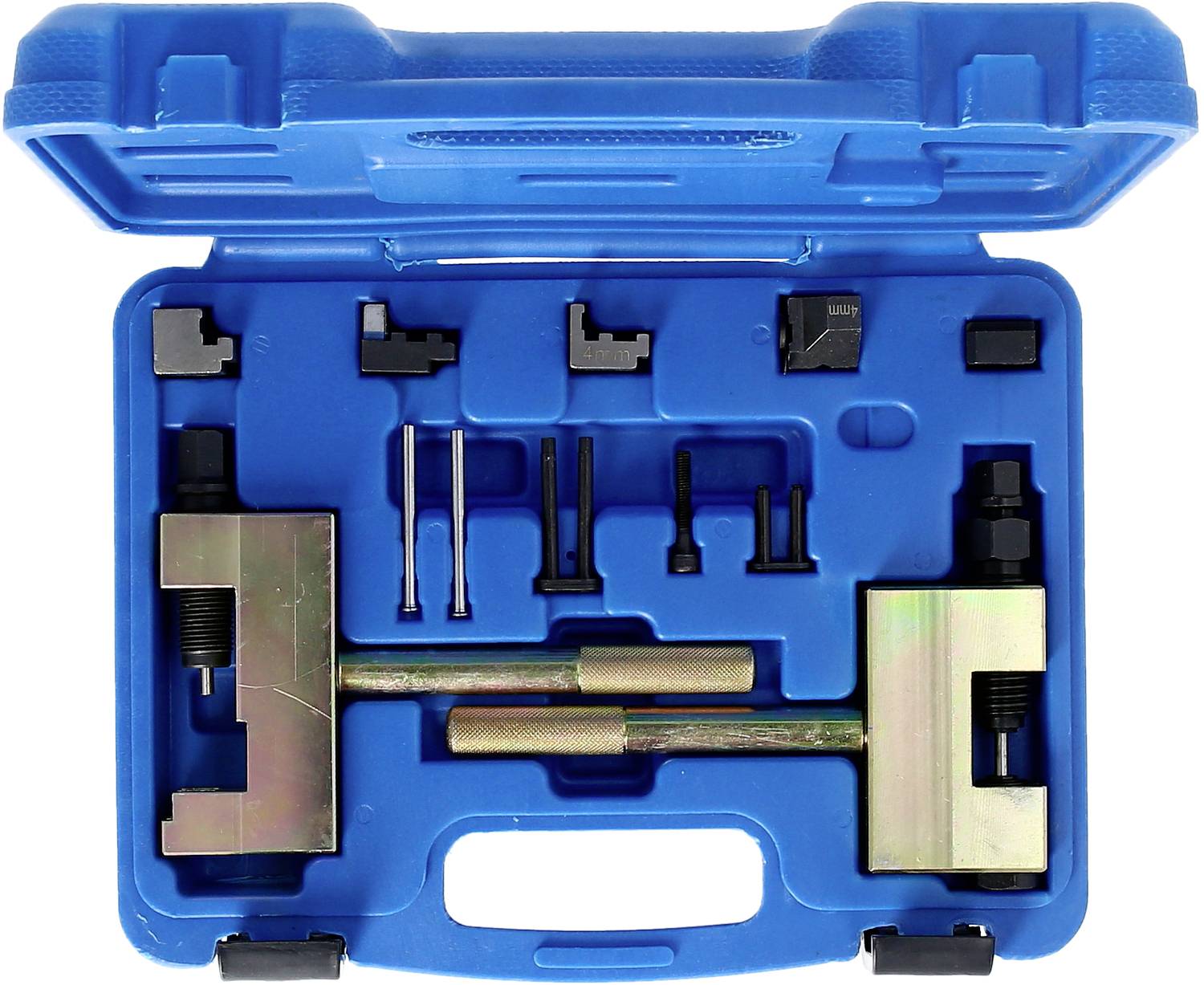 Niebieski plastikowy pojemnik z zestawem narzędzi blokujących i mocujących specyficznym dla danego silnika, składający się z kilku metalowych części i śrub.