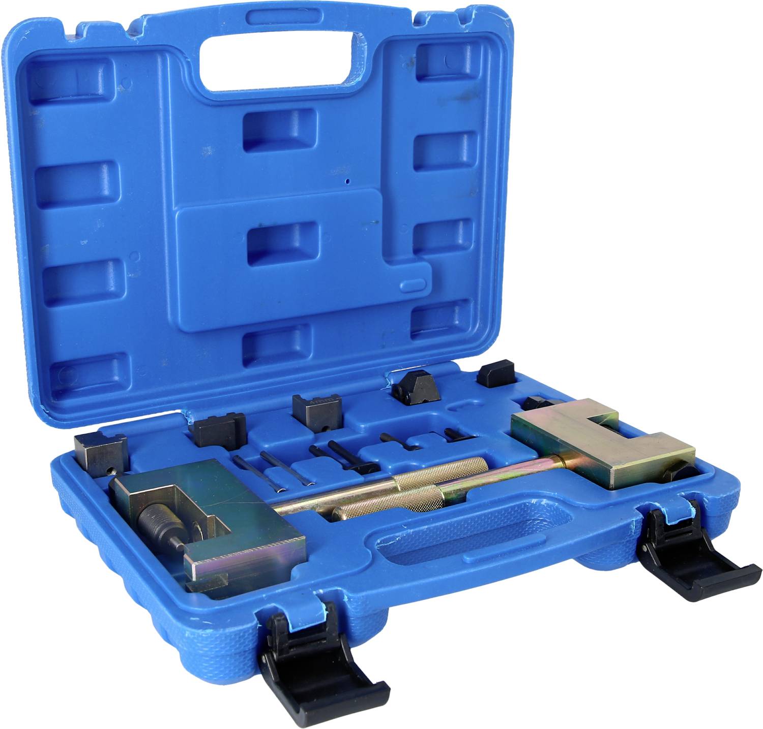 Niebieski plastikowy kufer z otwartą pokrywą, w środku zestaw narzędzi samochodowych do napraw silnika, w tym narzędzie do blokowania wałka rozrządu.