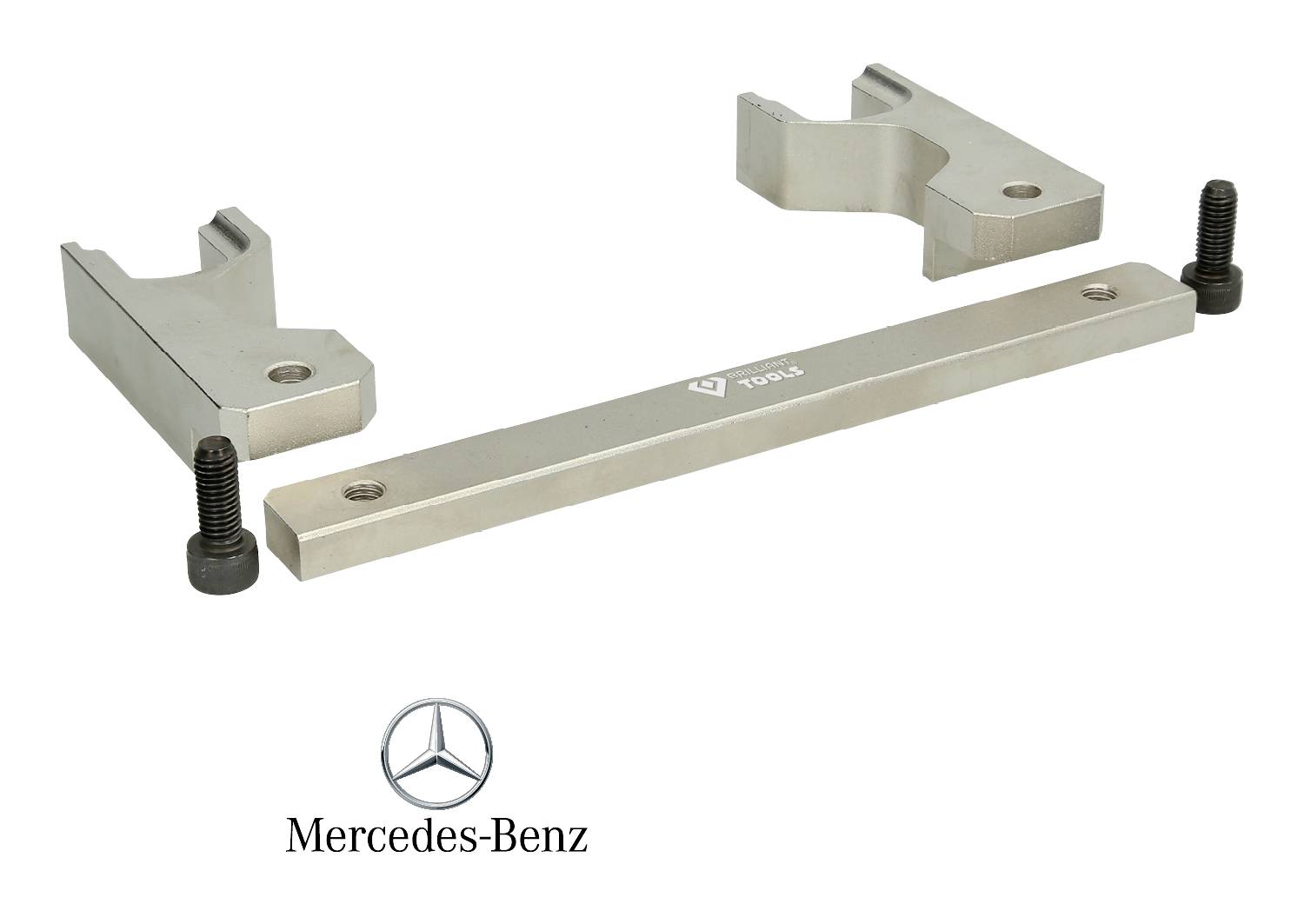 Narzędzie Mercedes-Benz z dwoma uchwytami i śrubami. Element dekoracyjny z logo marki.