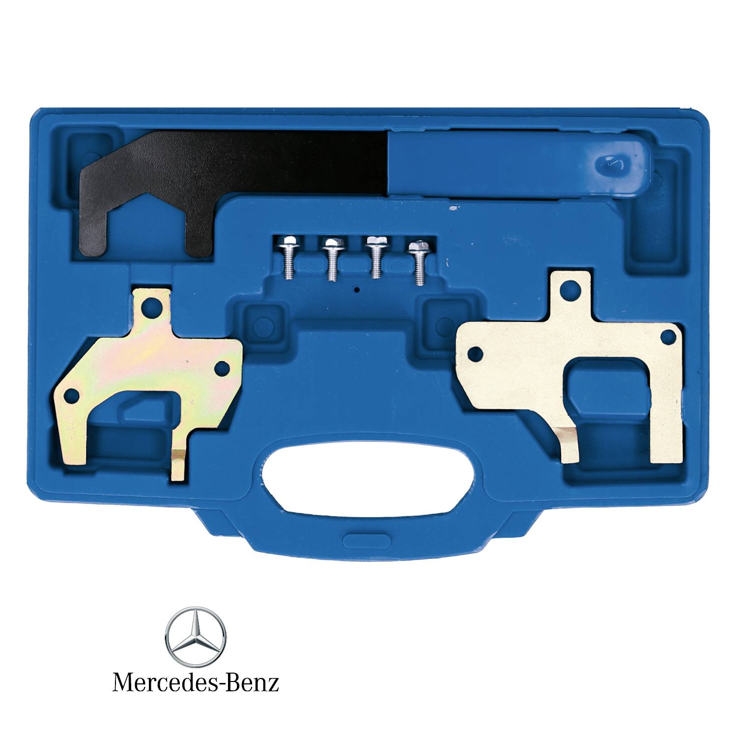 Zestaw narzędzi 'Mercedes-Benz' w niebieskim pudełku z tworzywa sztucznego z uchwytami i śrubami, odpowiedni do specyficznych napraw samochodowych.