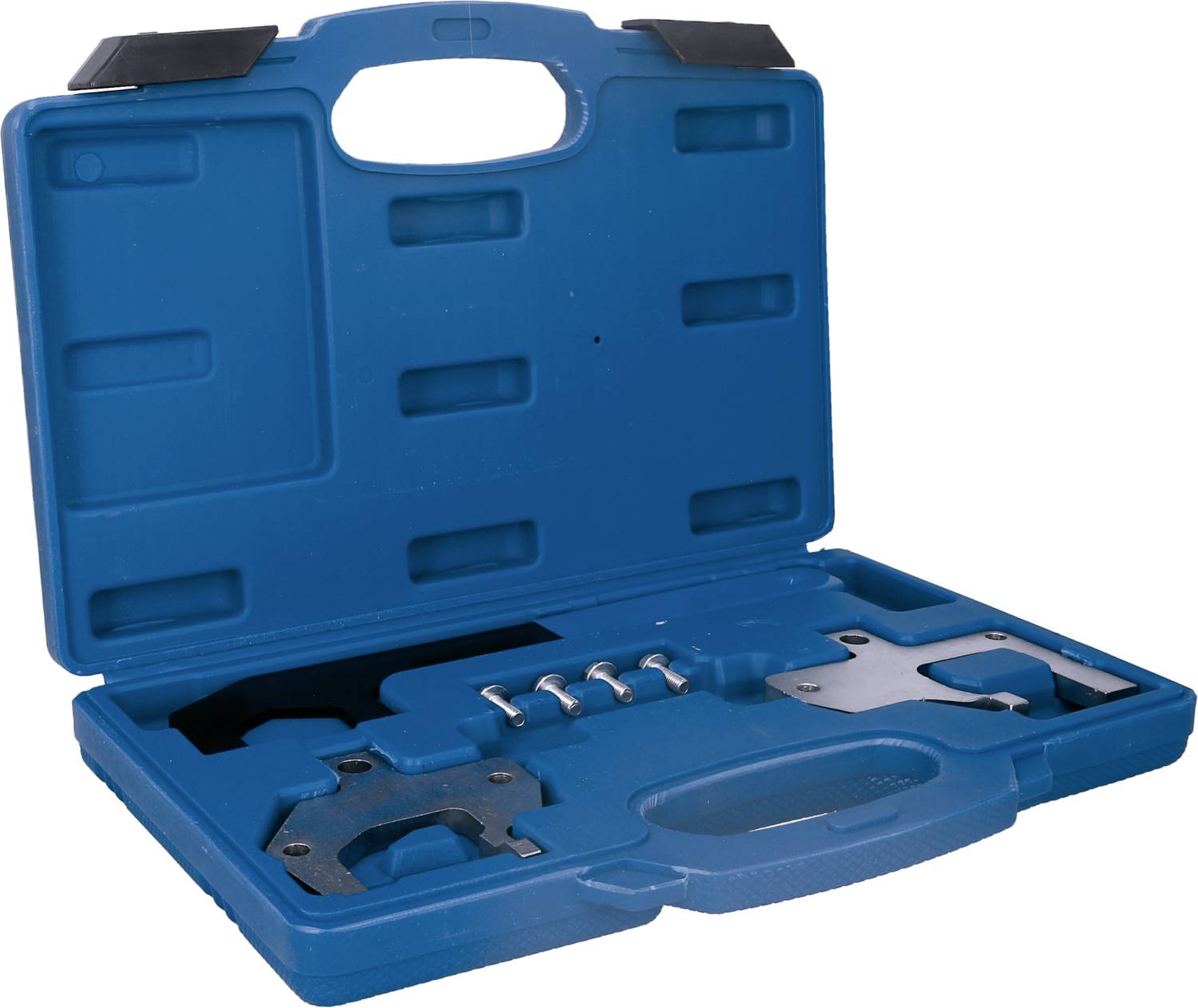 Niebieska plastikowa walizka z różnymi narzędziami metalowymi i uchwytami ułożonymi w specjalnie wyprofilowanych wgłębieniach.