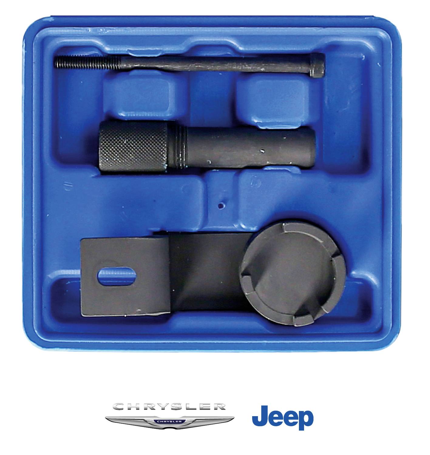 Zestaw narzędzi do napraw silnika w niebieskim pudełku z logo Chrysler i Jeep poniżej. Zawiera różne narzędzia do obsługi samochodowych części.