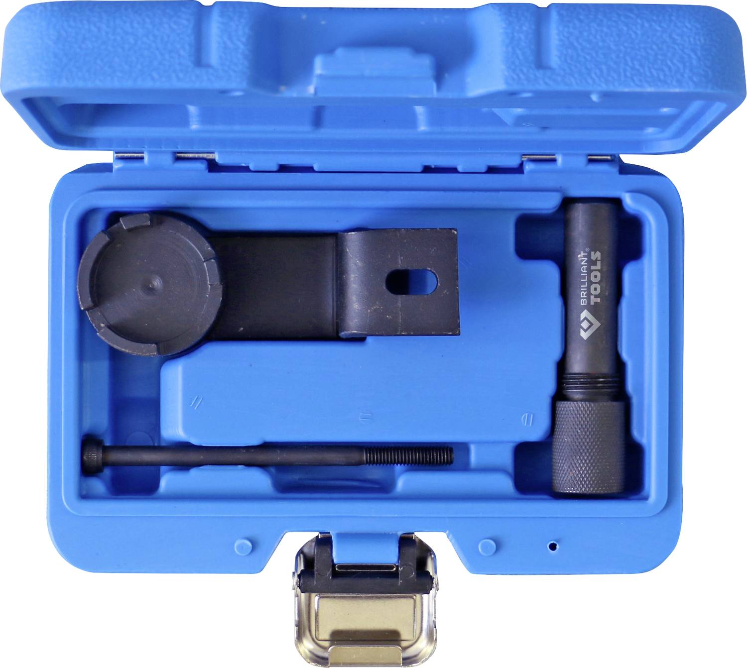 Niebieski zestaw narzędziowy z wyspecjalizowanymi narzędziami do konkretnych napraw lub prac konserwacyjnych. Zawiera śrubokręty i adaptery.