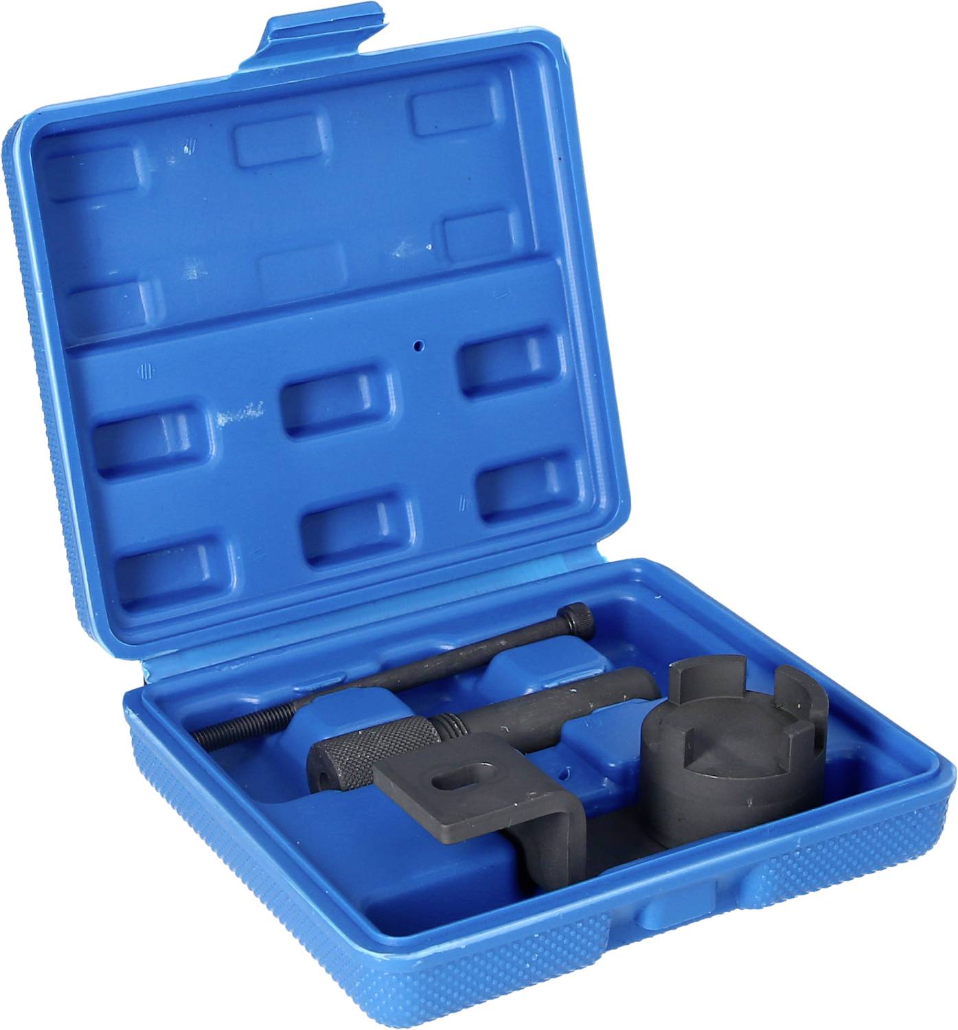 Niebieski plastikowy kufer z metalowymi narzędziami do naprawy samochodów, w tym ściągacz i różne adaptery.